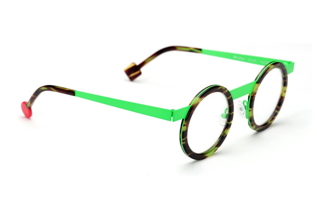 Monture Sabine Be Be Gipsy 397 profil écaille et branche vert fluo design lunettes créateur Paris