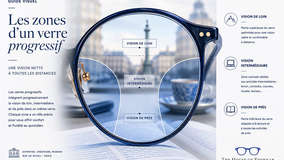 Illustration des différentes zones d’un verre progressif avec vision de loin, vision intermédiaire et vision de près, présentée par The House of Eyewear, opticien expert en verres progressifs à Paris.