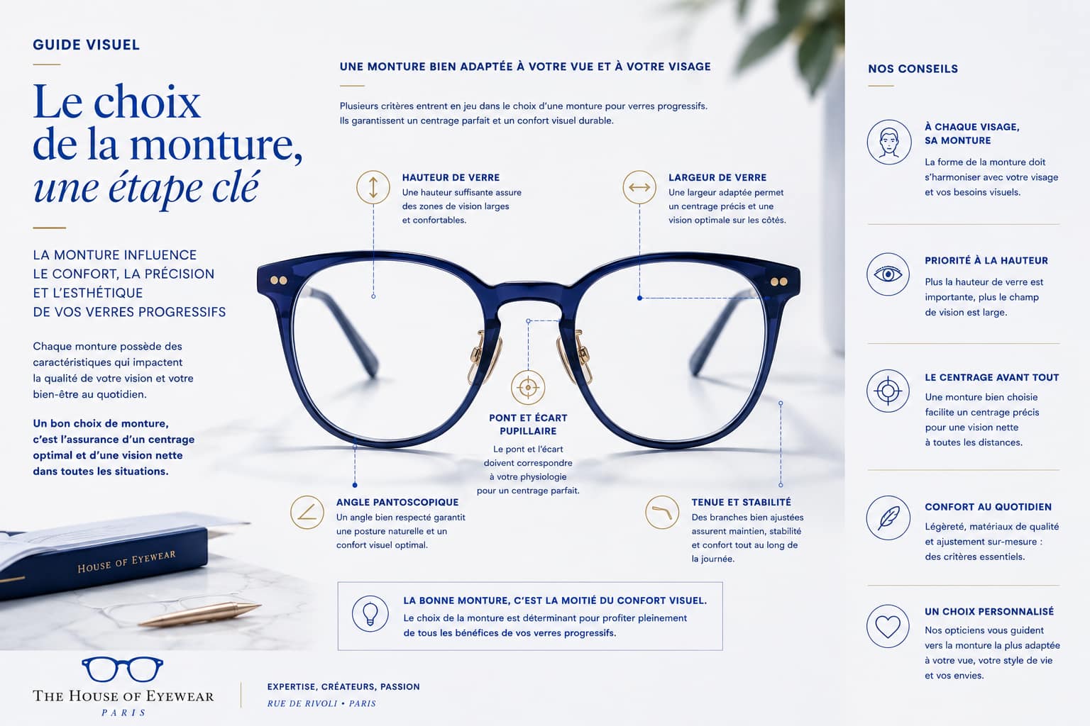 Le choix de la monture pour verres progressifs – Une étape clé | The House of Eyewear Paris Guide visuel expliquant l’importance du choix de la monture pour les verres progressifs avec hauteur de verre, largeur de verre, pont, stabilité et confort visuel chez The House of Eyewear Paris.