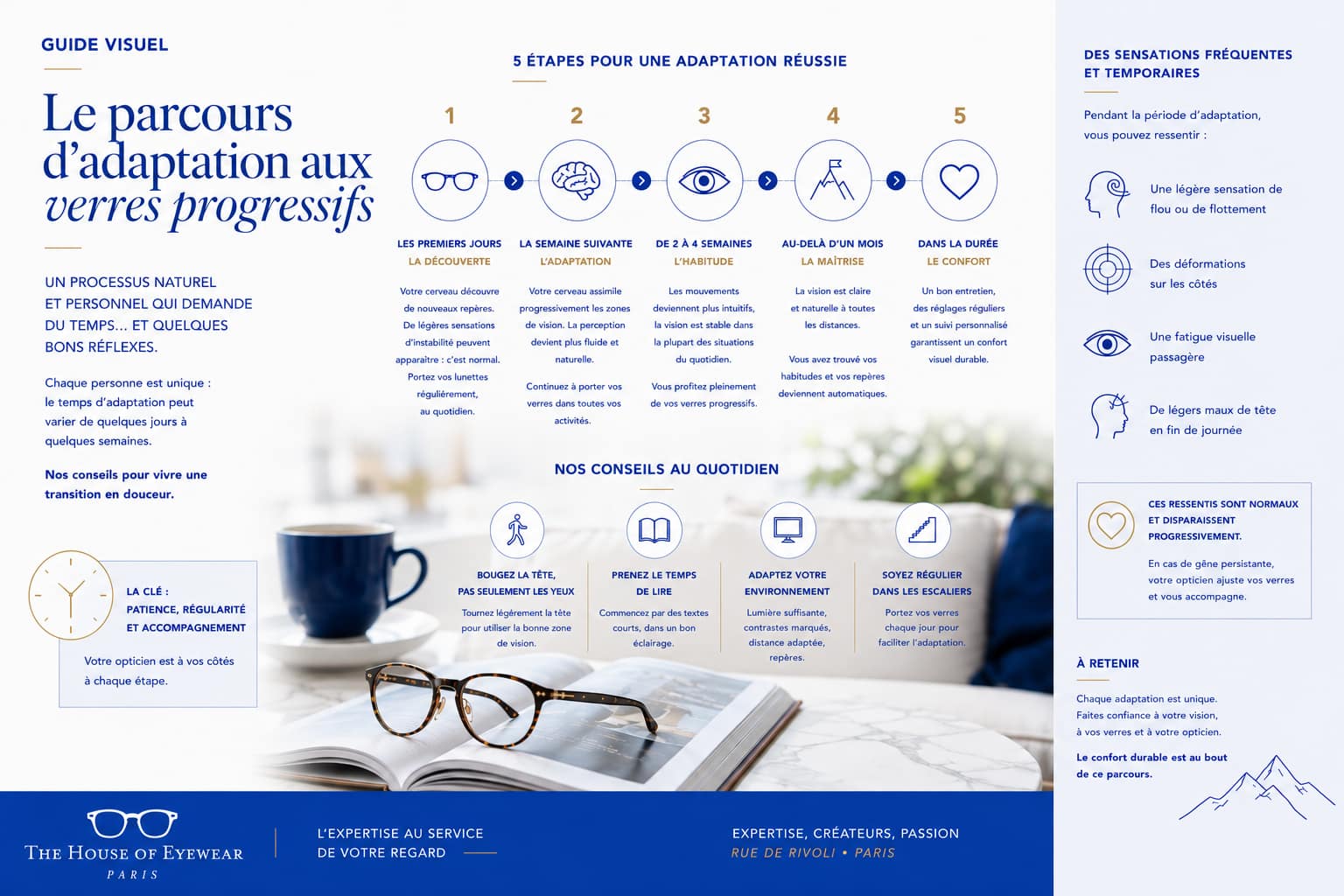 Le parcours d’adaptation aux verres progressifs – Les étapes vers le confort visuel | The House of Eyewear Paris Infographie présentant les différentes étapes d’adaptation aux verres progressifs, de la découverte au confort durable, réalisée par The House of Eyewear, spécialiste des verres progressifs à Paris.