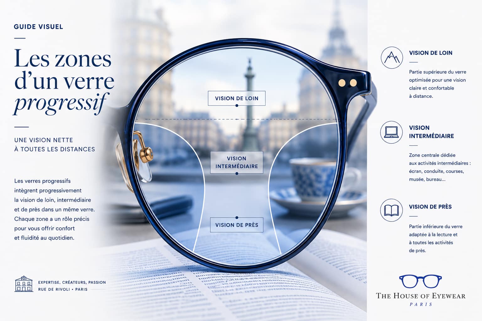 Illustration des différentes zones d’un verre progressif avec vision de loin, vision intermédiaire et vision de près, présentée par The House of Eyewear, opticien expert en verres progressifs à Paris.