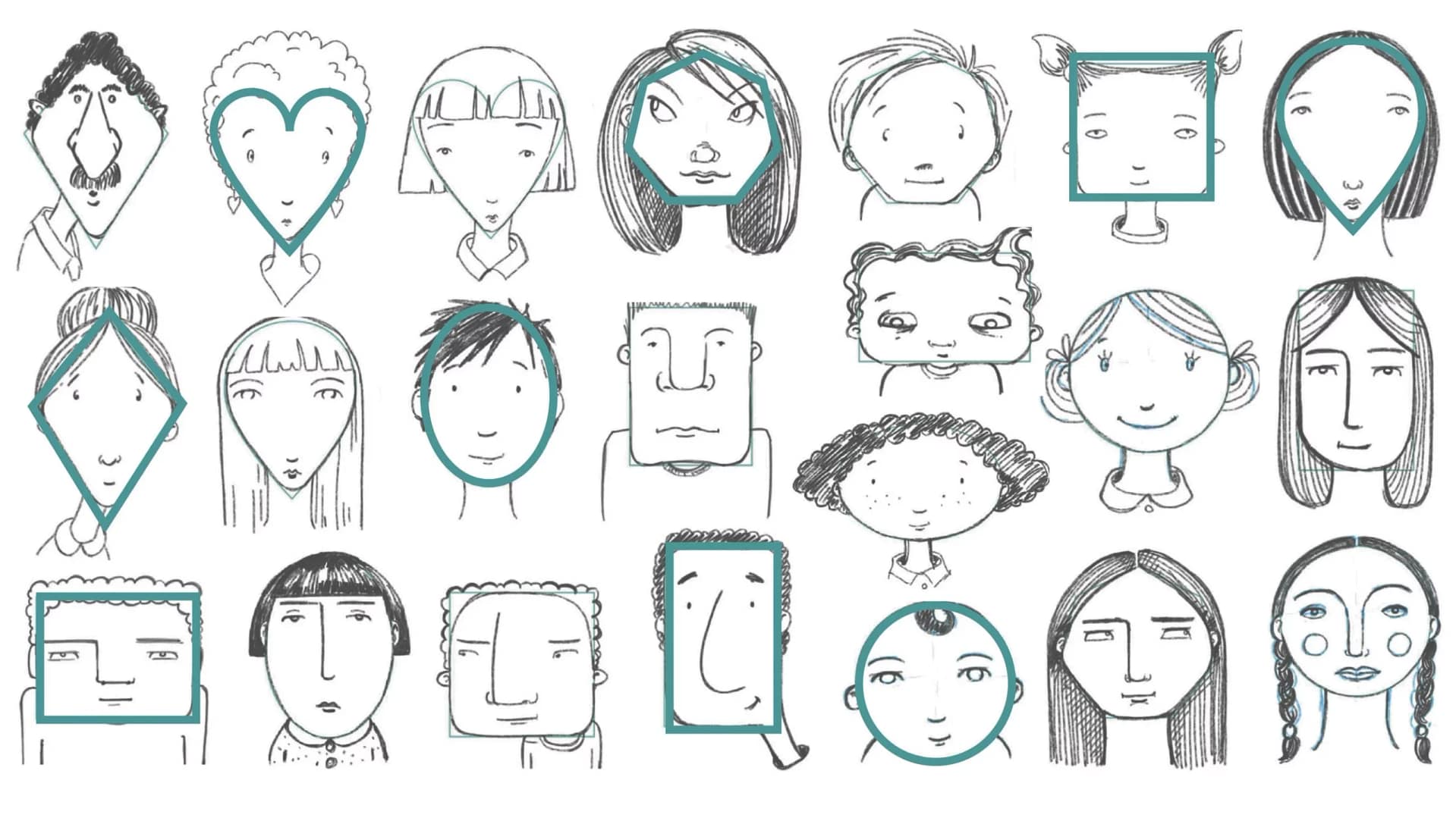 Illustration stylisée des principales formes de visage homme et femme pour choisir ses lunettes Illustration stylisée des principales formes de visage homme et femme pour choisir ses lunettes