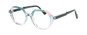 Face à Face Forest 1 cristal vert d’eau rose vue 3-4 Lunettes Face à Face Forest 1 transparent cristal avec nuances vert d’eau et rose poudré, vue trois-quarts, opticien Paris 1er