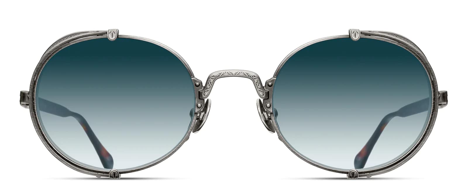 monture solaire homme Matsuda M10610H metal titane ovale argent avec coques verres bleu