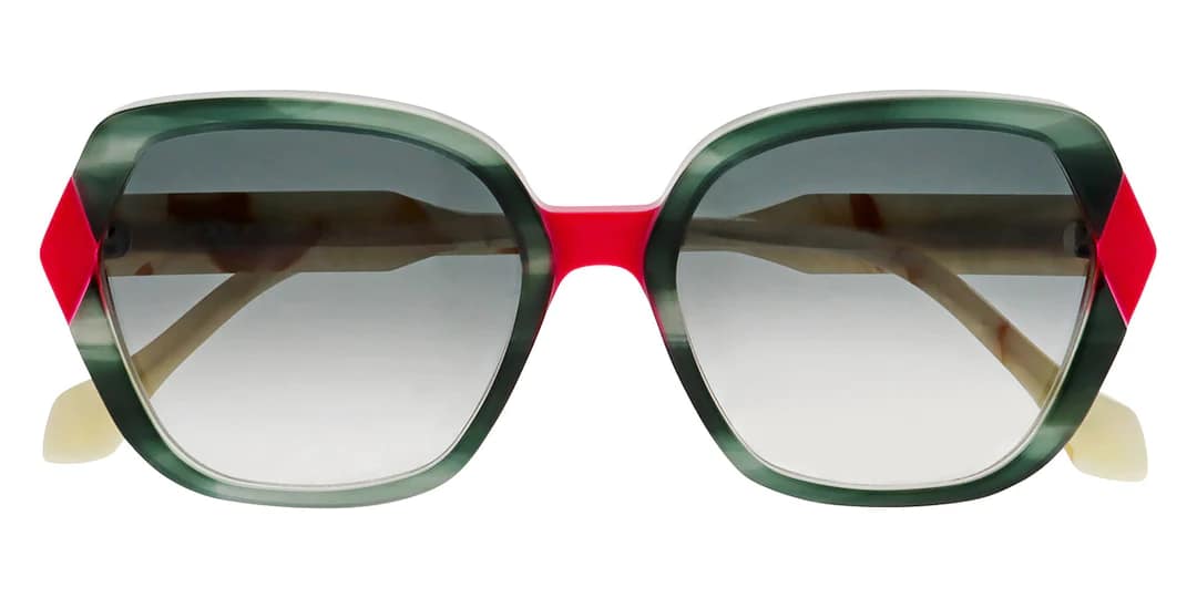 monture solaire femme face a face gioco 1 grande acetate carrée verte transparent rouge branche beige