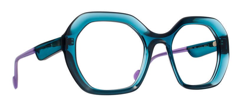 monture optique femme Caroline Abram Lillou grande carré bleu turquoise transparente branche violette