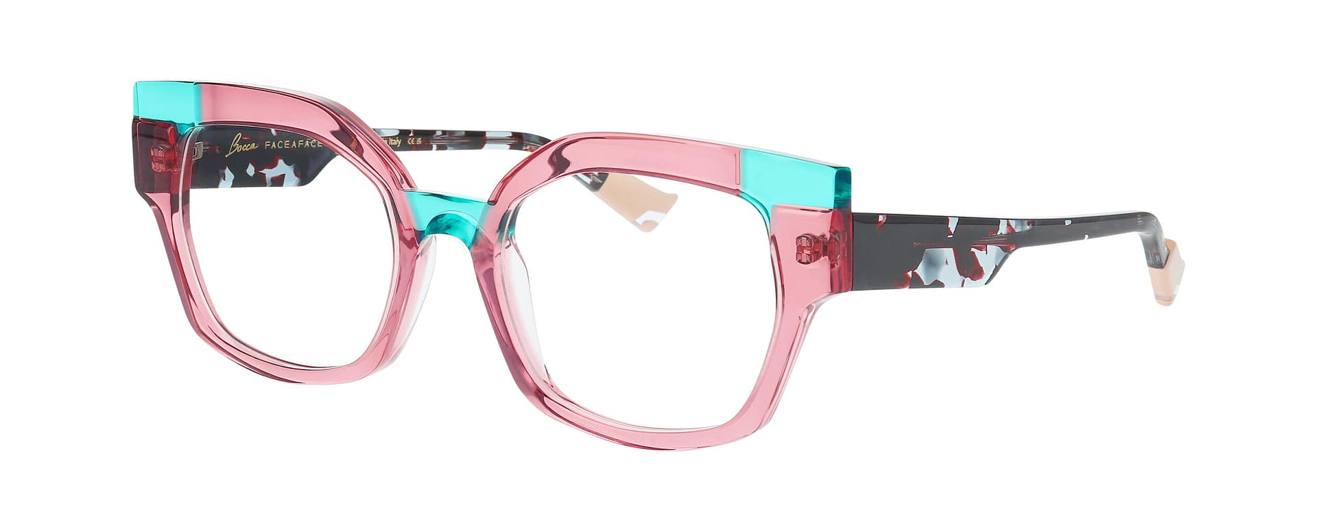 Monture Face à Face Bocca Chance 2 rose et vert d’eau vue trois-quarts – design créateur à Paris