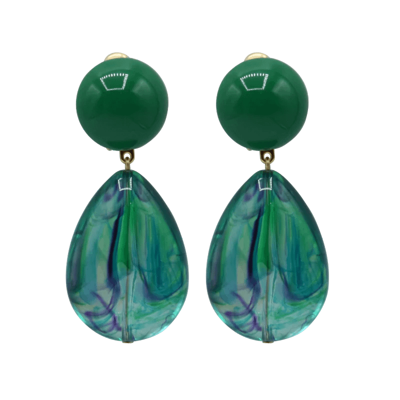 boucles d’oreilles Cuba Francine Bramli résine verte marbrée transparente forme goutte bijou femme design créateur paris